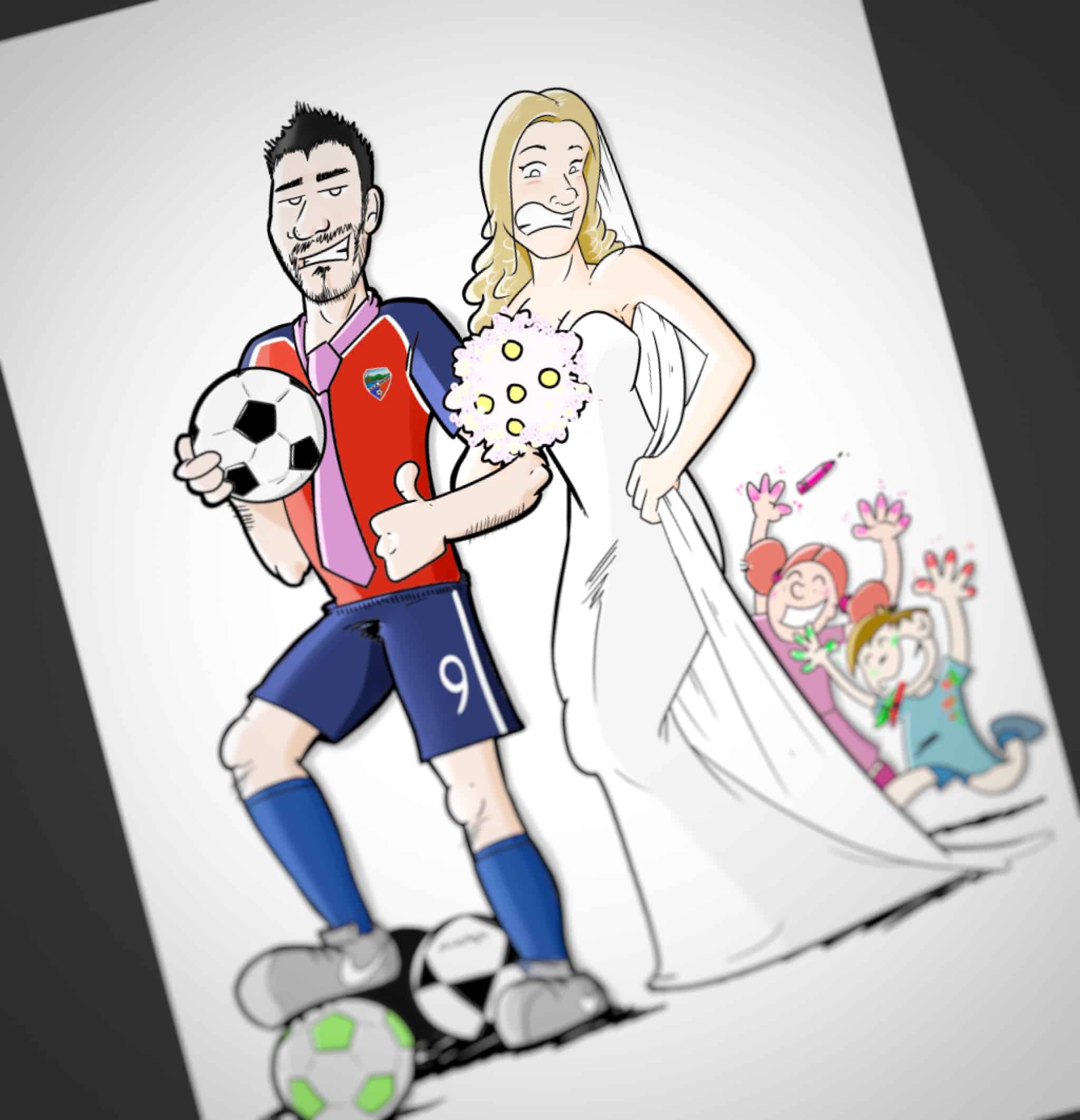 Caricatura personalizada: parches, fútbol, niños y bodas
