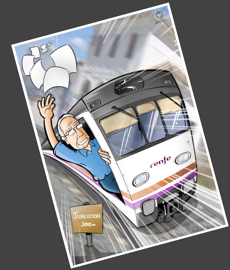 Ilustración Caricatura Personalizada - Jubilación y Trenes - B4