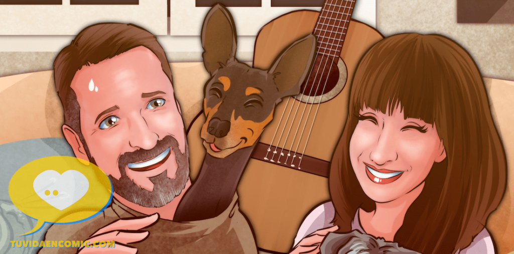 Ilustración Caricatura personalizada pareja con perretes - www.tuvidaencomic.com - Regalo de aniversario personalizado - regalos originales - San Valentín personalizado - 0-min